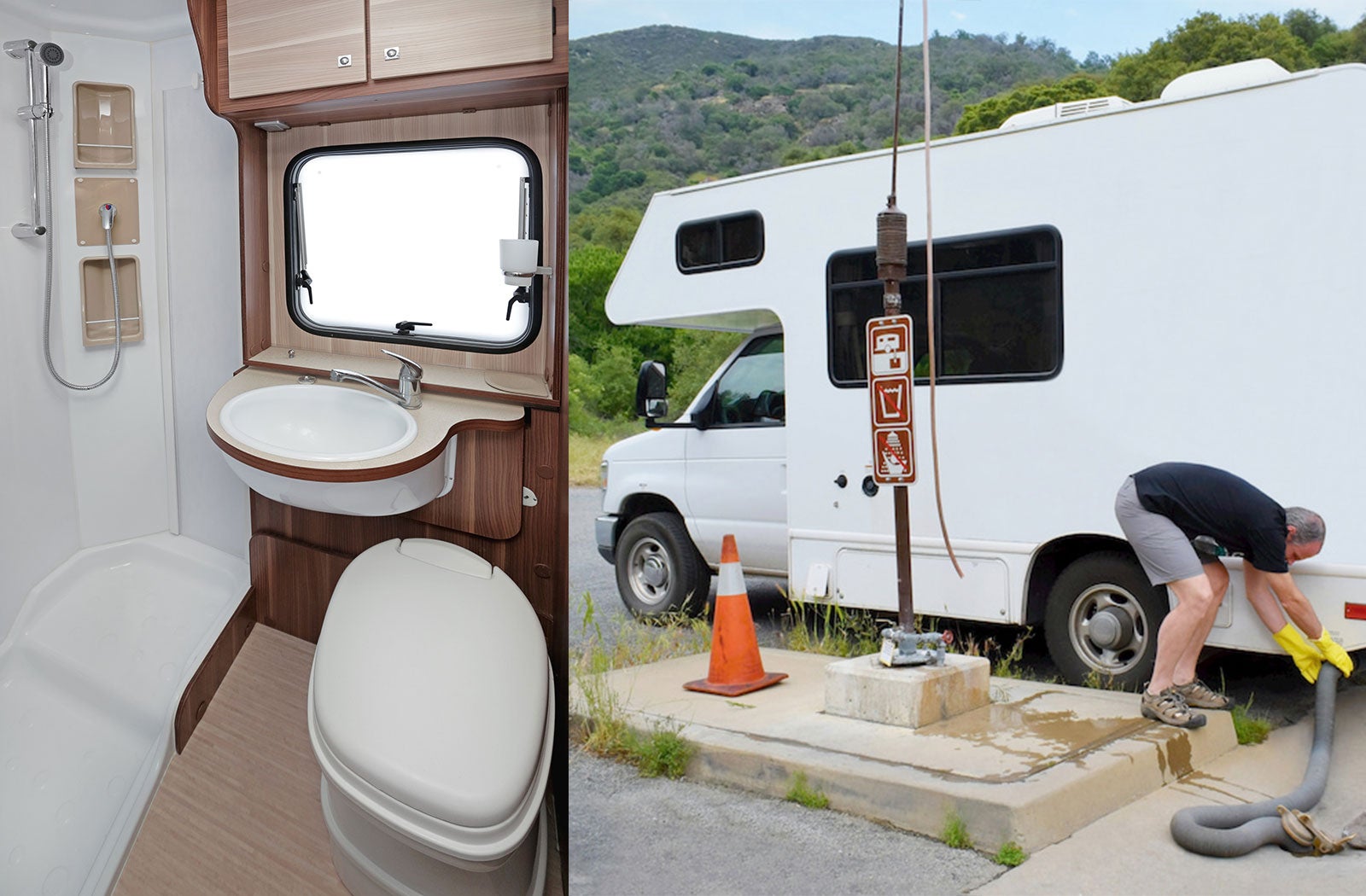 Portable RV/camper toilet and holding tank setup in San Bernardino, California
