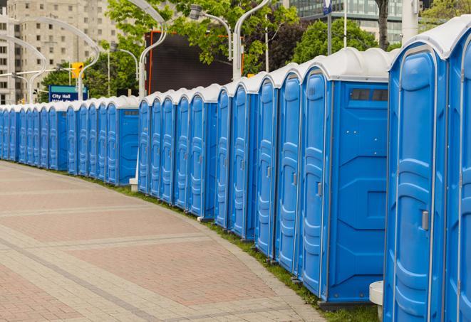 Seasonal porta potty units set up at a San Bernardino, California venue