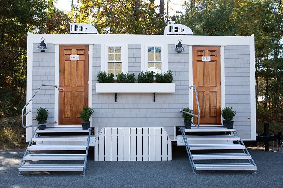 Wedding restroom units discretely staged at a venue in San Bernardino, California